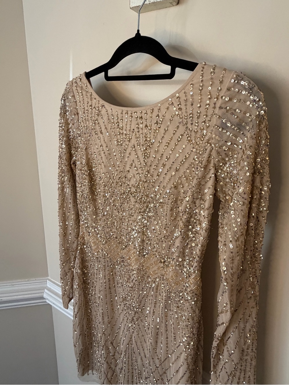 Aidan Mattox Nude Beaded Long-Sleeve Cocktail Dress